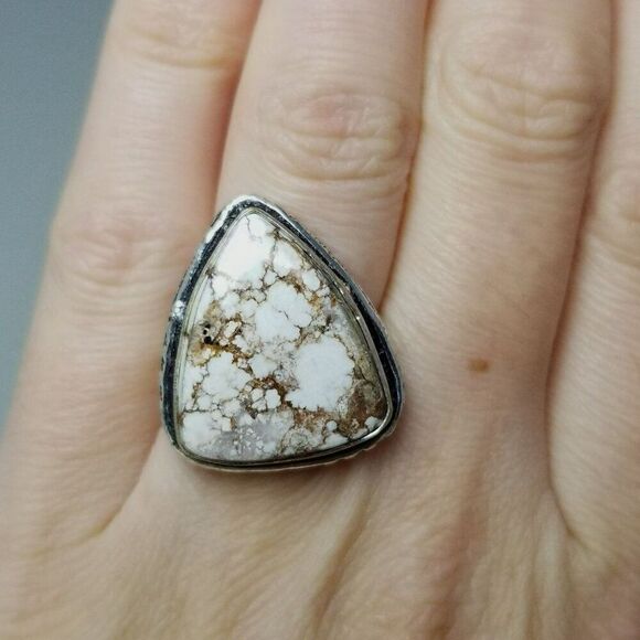 Vintage Marbled Stone Ring, Brown and White Triangle, Bezel Set Silver Tone Band - Picture 3 of 9